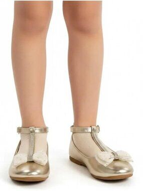 Jelly Beans Girls Gold Metallic Ankle T-Strap Bida Ballet Flat Shoes Size 2